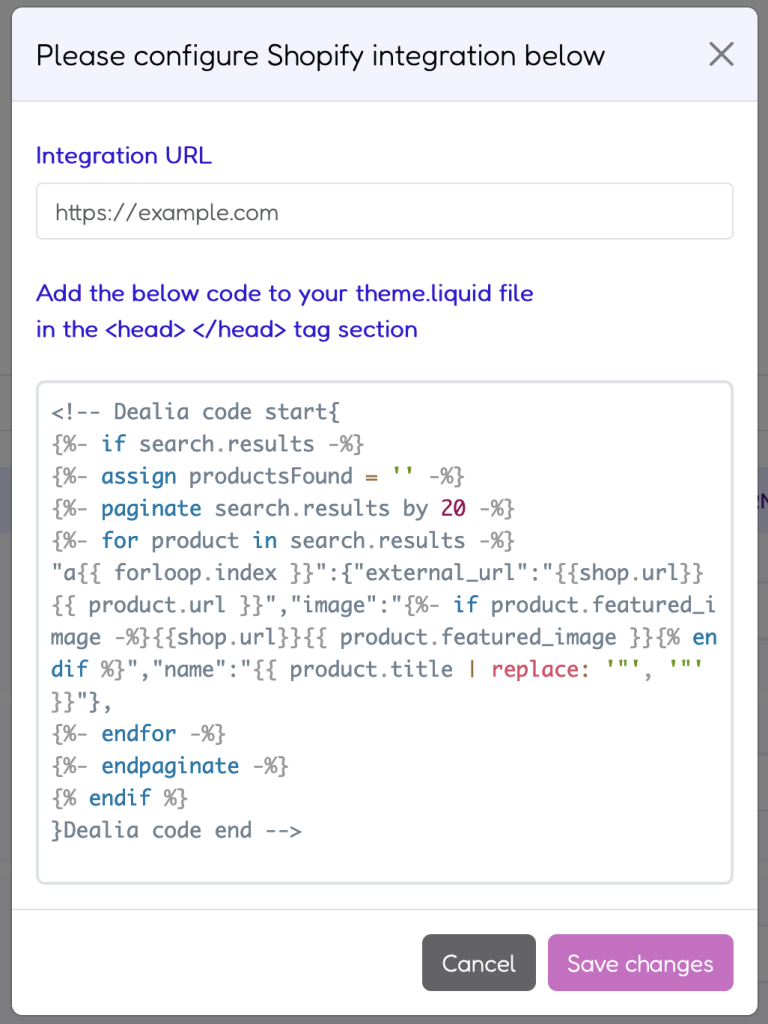 Dealia integration code for Shopify