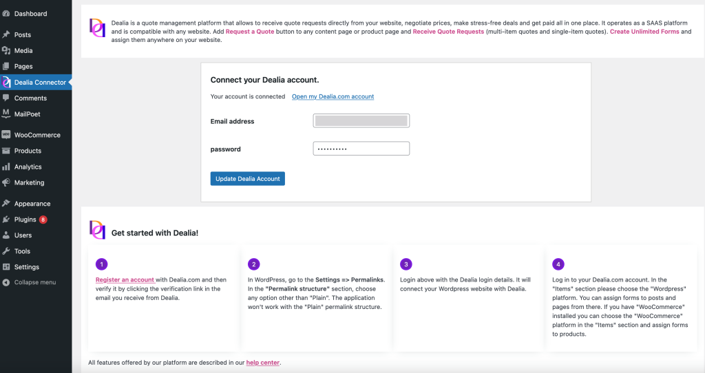 Dealia WordPress plugin panel